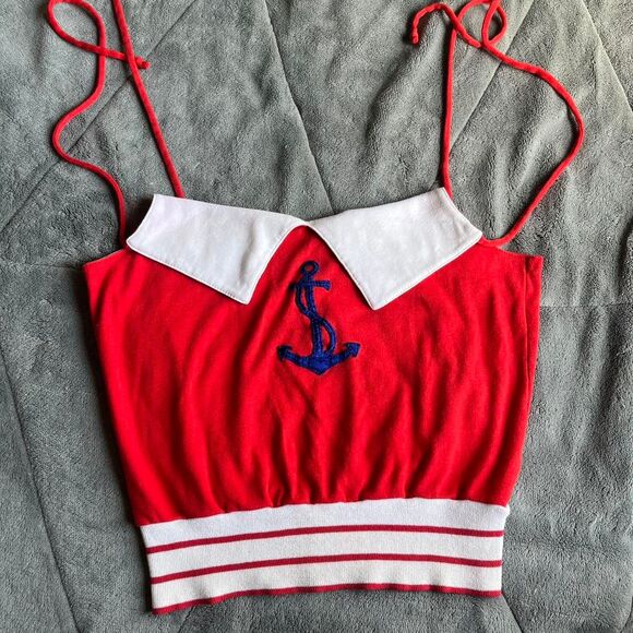 Vintage Y2K Red Sailor Cami Retro 70s Inspired Nautical Tank Top Size Medium - Picture 1 of 8